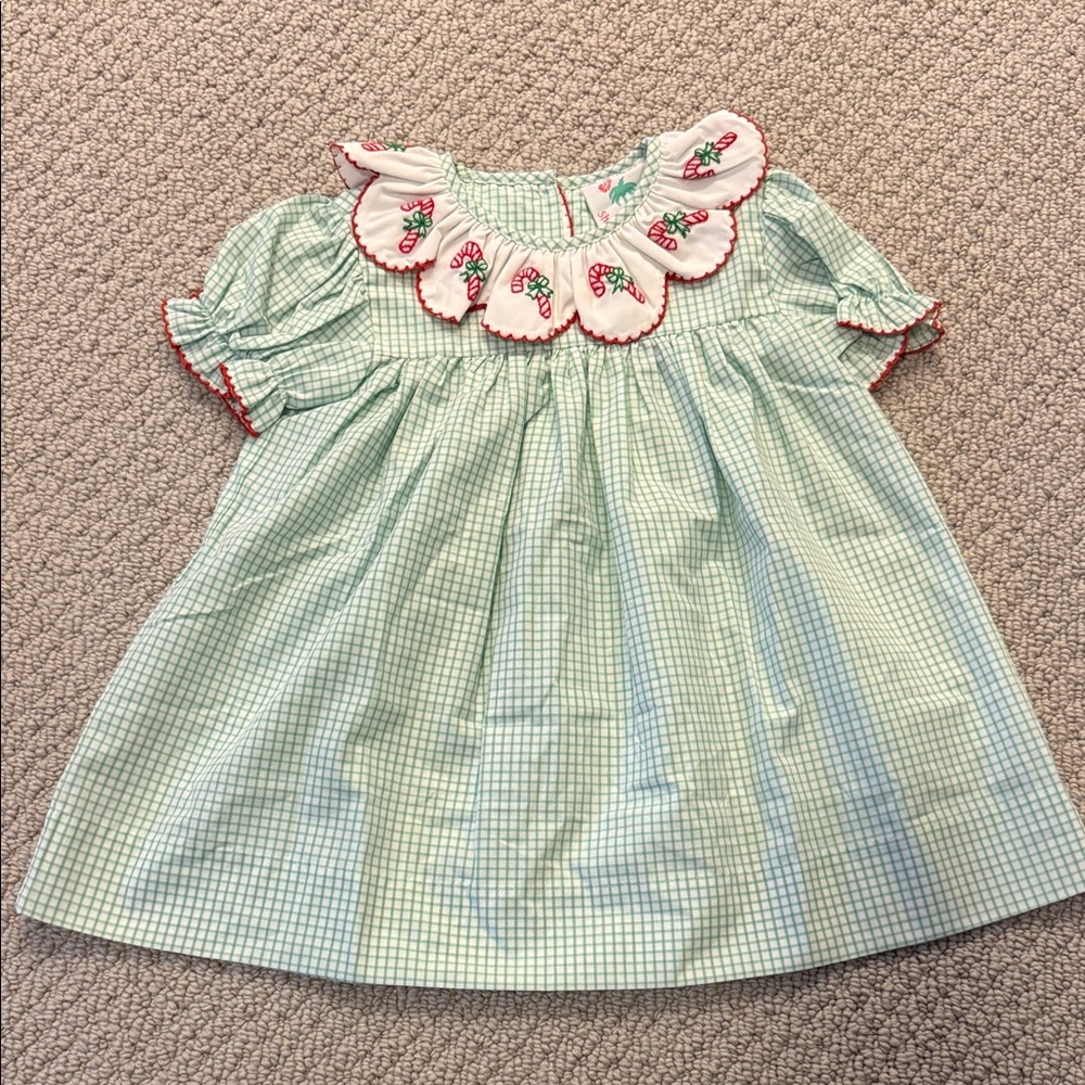 Holiday baby girl dress with embroidered candy cane collar